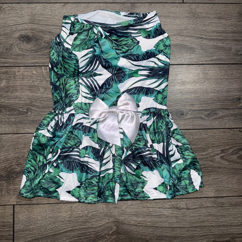 Tropical Palm Leaf Print Dog Dress with Satin Bow Green White XL Summer Pet Wear